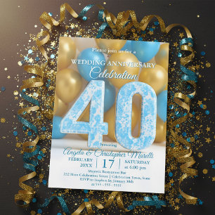 Glam Blue Gold Balloons 40th Wedding Anniversary  Invitation