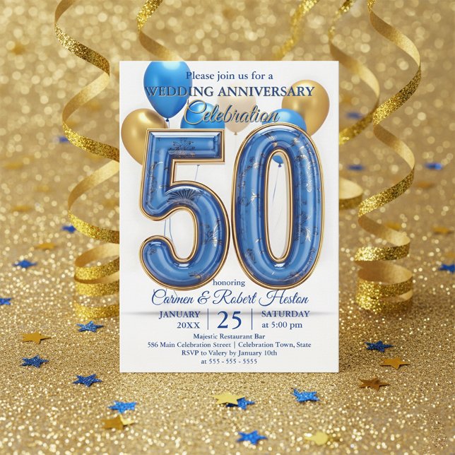 Glam Blue Gold Balloons 50th Wedding Anniversary  Invitation (Creator Uploaded)