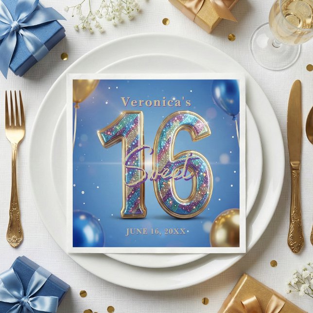 Glam Blue Gold Glitter Balloon Sweet 16 Birthday Napkin (Creator Uploaded)