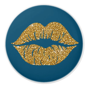 Glam Blue Gold Glitter Lips Trendy Sparkle Ceramic Knob