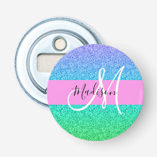 Glam Blue Green Glitter Sparkle Gradient Monogram Bottle Opener