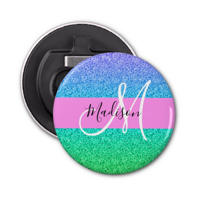 Glam Blue Green Glitter Sparkle Gradient Monogram Bottle Opener (Front)