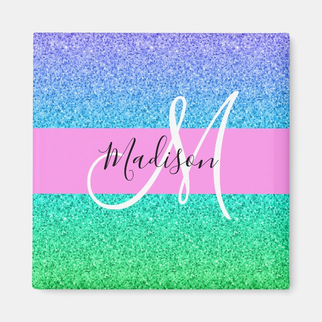 Glam Blue Green Glitter Sparkle Gradient Monogram Magnet (Front)