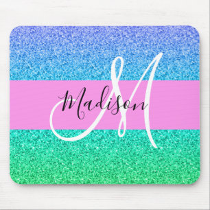 Glam Blue Green Glitter Sparkle Gradient Monogram Mouse Pad