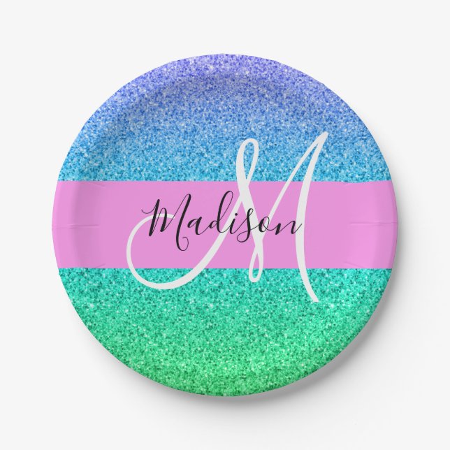Glam Blue Green Glitter Sparkle Gradient Monogram Paper Plate (Front)