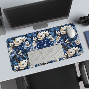 Glam Blue Ivory Flowers Custom Name Desk Mat