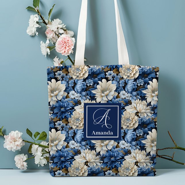 Glam Blue Ivory Flowers Custom Name Tote Bag (Glam Blue Ivory Flowers Custom Name Tote Bag)