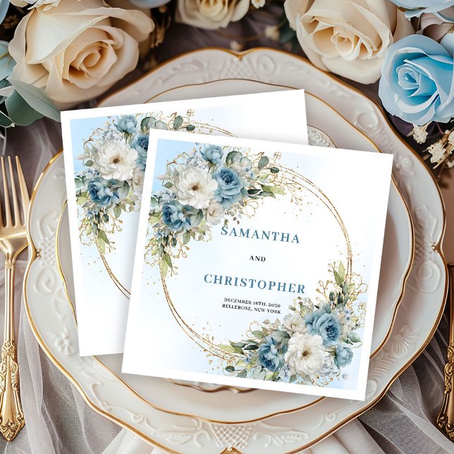 Glam Blue Peony Gold Frame Wedding Napkins (Glam Blue Peony Gold Frame Wedding Napkins)