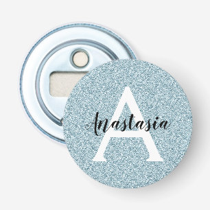 Glam Blue Silver Glitter Sparkles Monogram Name Bottle Opener