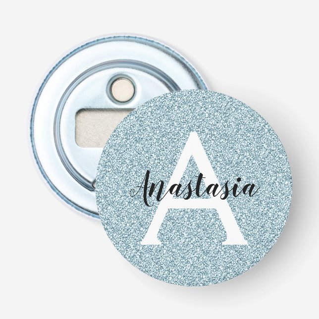 Glam Blue Silver Glitter Sparkles Monogram Name Bottle Opener (Front)