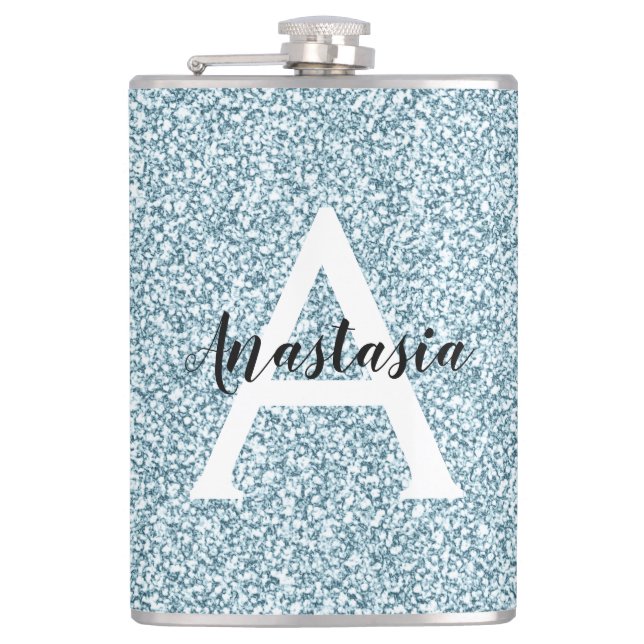 Glam Blue Silver Glitter Sparkles Monogram Name Hip Flask (Front)