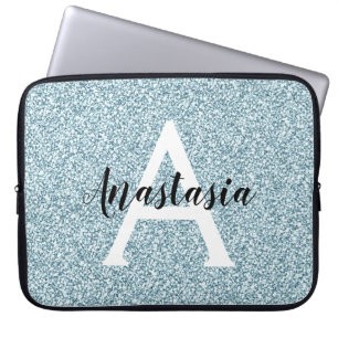 Glam Blue Silver Glitter Sparkles Monogram Name Laptop Sleeve