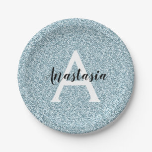 Glam Blue Silver Glitter Sparkles Monogram Name Paper Plate