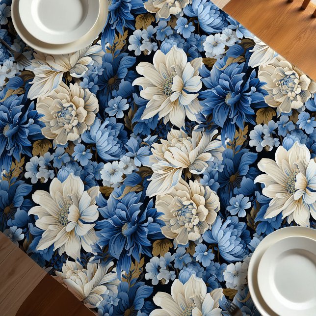 Glam Blue White Ivory Floral Designer Tablecloth (Glam Blue White Ivory Floral Designer Tablecloth)