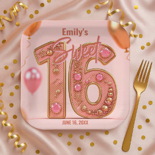 Glam Blush and Rose Gold Sparkle Sweet Sixteen  Paper Plate