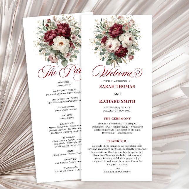 Glam Blush Burgundy Gold Floral Wedding Program Programme (Glam Blush Burgundy Gold Floral Wedding Program)
