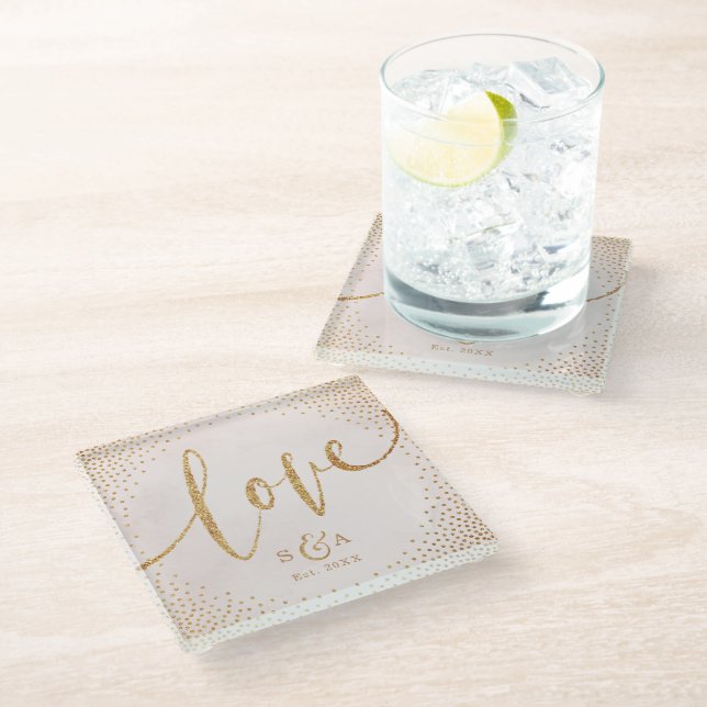 Glam blush faux glitter rose gold calligraphy love glass coaster (Angled)