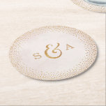Glam blush faux glitter rose gold wedding monogram round paper coaster<br><div class="desc">Glamour faux glitter rose gold monogram design and gold dots confetti on pastel blush watercolor background, pretty shimmer faux metallic rose gold glitter effect, modern, chic, elegant and classy, perfect for vintage wedding or spring wedding. Custom monogrammed paper coaster add a personal touch to your wedding party! See all the...</div>