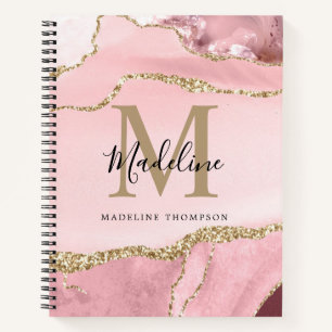Glam Blush Pink Agate Geode Gold Script Monogram Notebook