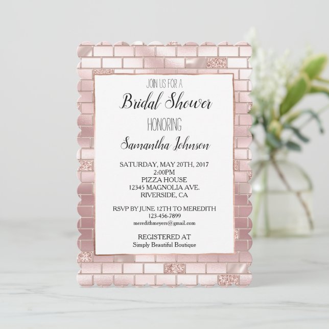 Glam Blush Pink Bricks Bridal Shower Invitation (Standing Front)