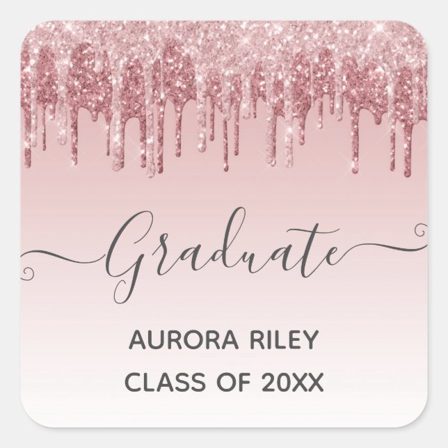 Glam Blush Pink Gold Dripping Glitter Graduation Square Sticker (Front)