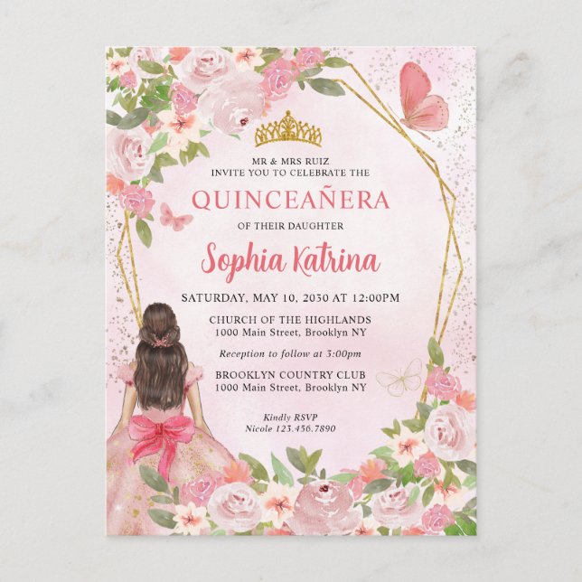 Glam Blush Pink Gold Floral Princess Quinceañera Invitation Postcard (Front)