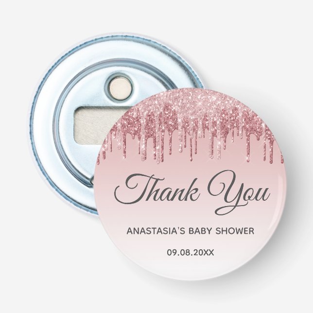 Glam Blush Pink Gold Glitter Thank You Baby Shower Bottle Opener (Front)