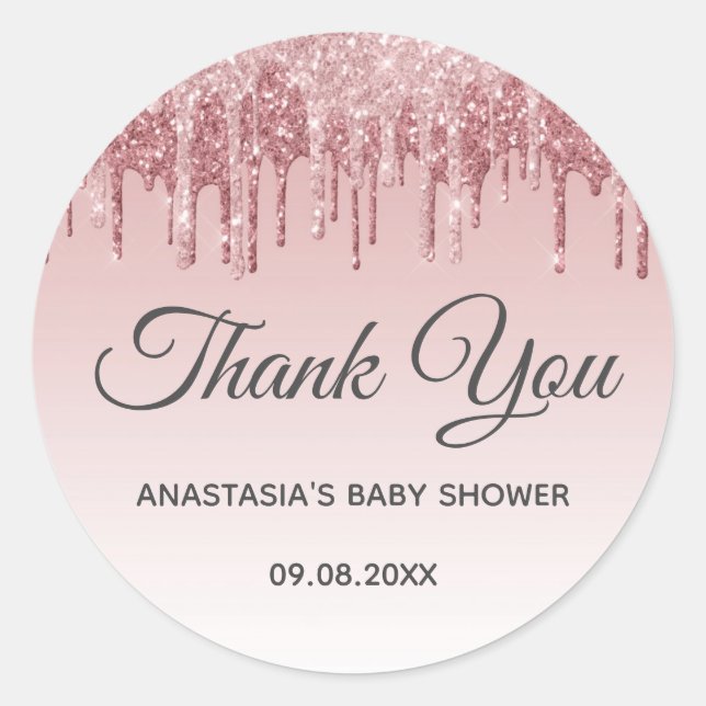 Glam Blush Pink Gold Glitter Thank You Baby Shower Classic Round Sticker (Front)