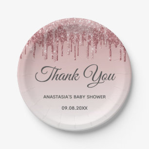 Glam Blush Pink Gold Glitter Thank You Baby Shower Paper Plate