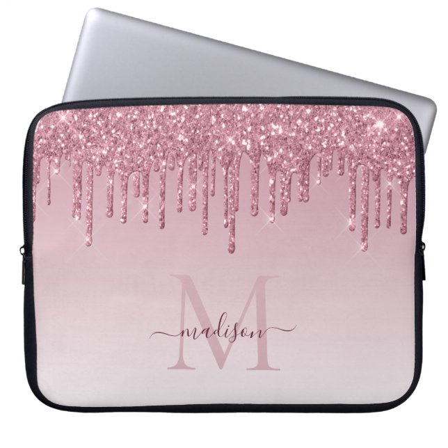 Glam Blush Pink Rose Gold Glitter Sparkle Monogram Laptop Sleeve (Front)