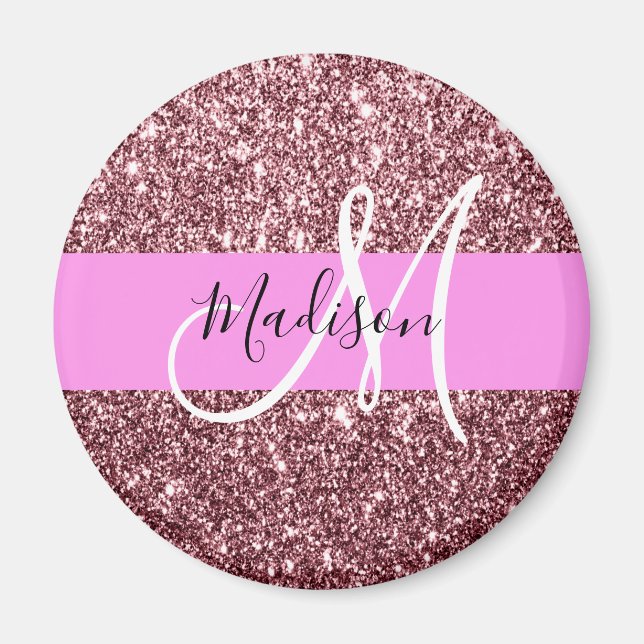 Glam Blush Pink Rose Gold Glitter Sparkle Monogram Magnet (Front)