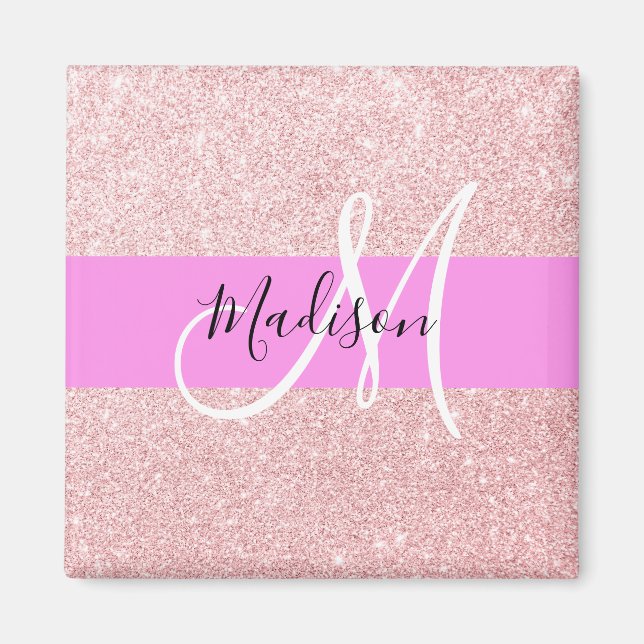 Glam Blush Pink Rose Gold Glitter Sparkle Monogram Magnet (Front)