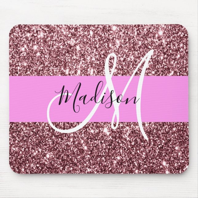 Glam Blush Pink Rose Gold Glitter Sparkle Monogram Mouse Pad (Front)