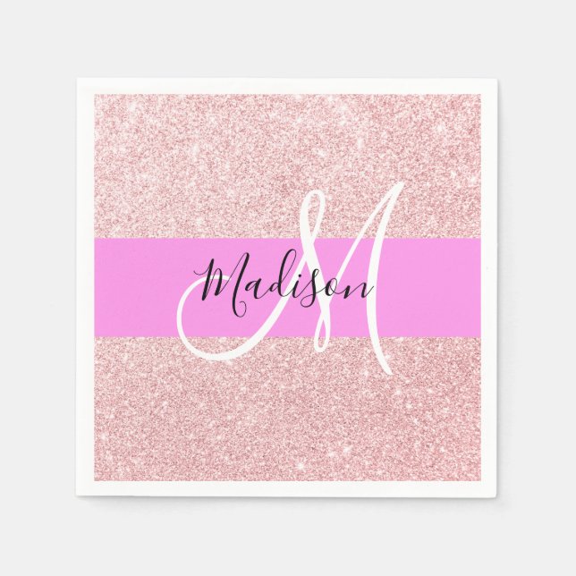 Glam Blush Pink Rose Gold Glitter Sparkle Monogram Napkin (Front)