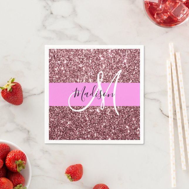 Glam Blush Pink Rose Gold Glitter Sparkle Monogram Napkin (Insitu)
