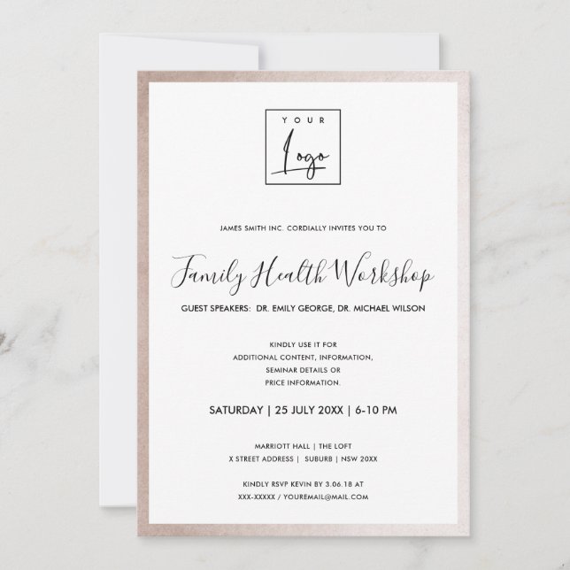 GLAM BLUSH ROSE GOLD YOUR LOGO WORKSHOP GALA EVENT INVITATION (Front)