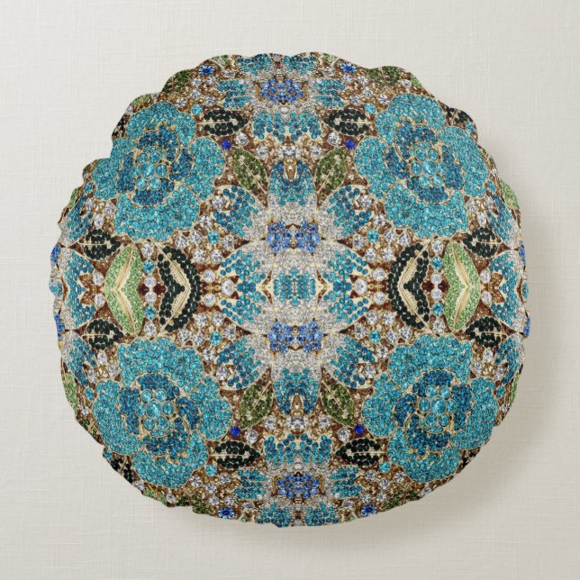 glam bohemian girly fashion teal turquoise blue round cushion (Front)