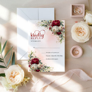 Glam Boho Burgundy and White Floral Gold Wedding  RSVP Card