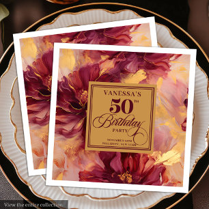 Glam Boho Burgundy Blush Gold Floral 50th Birthday Napkin
