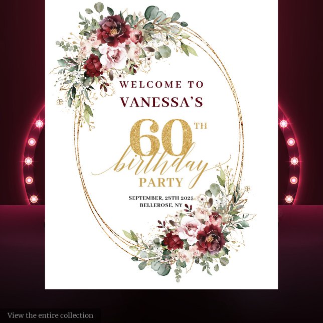 Glam Boho Burgundy Gold Floral 60th Birthday Prop Tapestry (Glam Boho Burgundy Gold Floral 60th Birthday Backdrop)