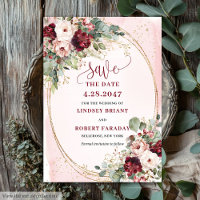 Glam Boho Deep Red Blush Gold Flowers Save Date