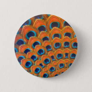 Glam Boho Orange Blue Peacock Feathers 6 Cm Round Badge