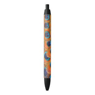 Glam Boho Orange Blue Peacock Feathers Black Ink Pen