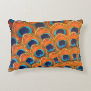 Glam Boho Orange Blue Peacock Feathers Decorative Cushion