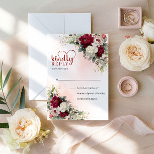 Glam Boho Red and White Floral Gold Wedding RSVP Card