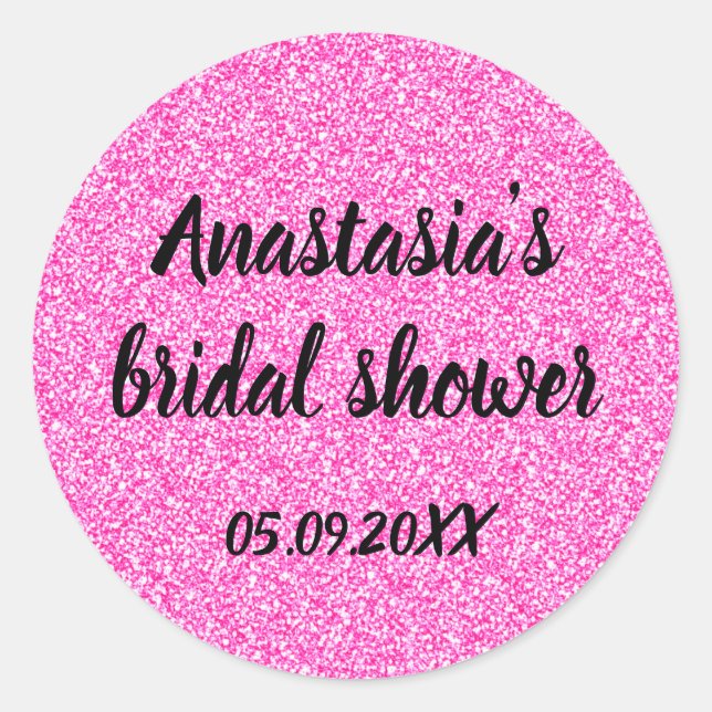 Glam Bridal Shower Hot Pink Glitter Sparkles Name Classic Round Sticker (Front)