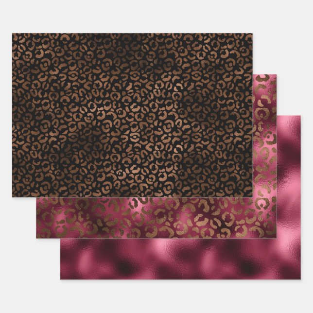 Glam Brown Black Burgundy Leopard Print Wrapping Paper Sheet (Set)