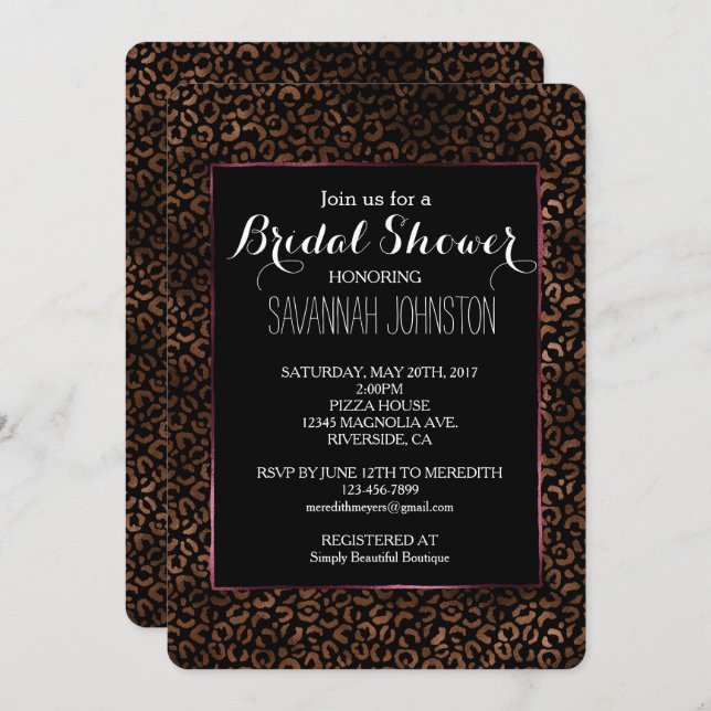 Glam Brown Black Leopard Print bridal shower Invitation (Front/Back)