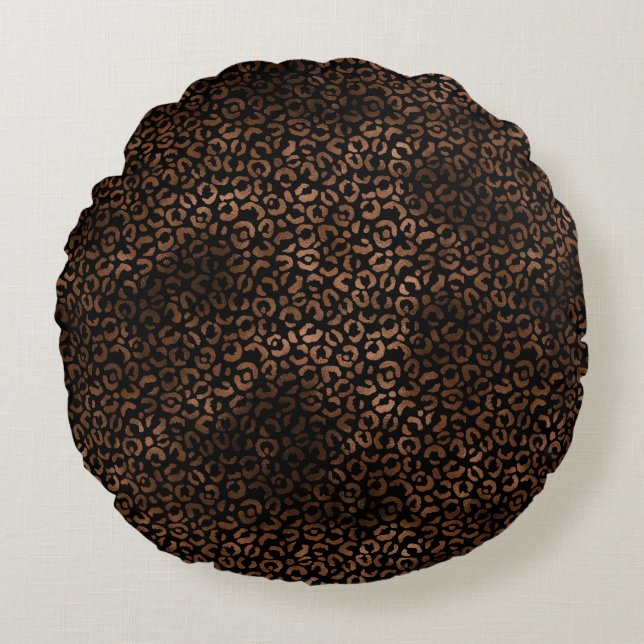 Glam Brown Black Leopard Print Zebra Print Round Cushion (Front)