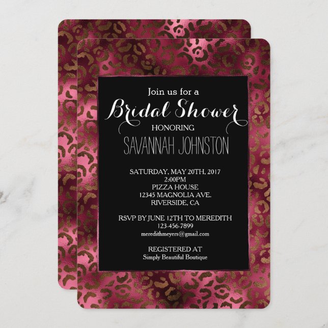 Glam Brown Burgundy Leopard Print bridal shower Invitation (Front/Back)